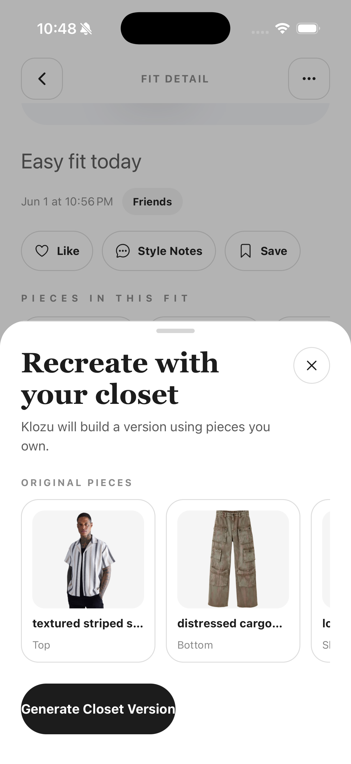 Klozu Fit Check recreate sheet showing how to build a closet version from owned pieces.
